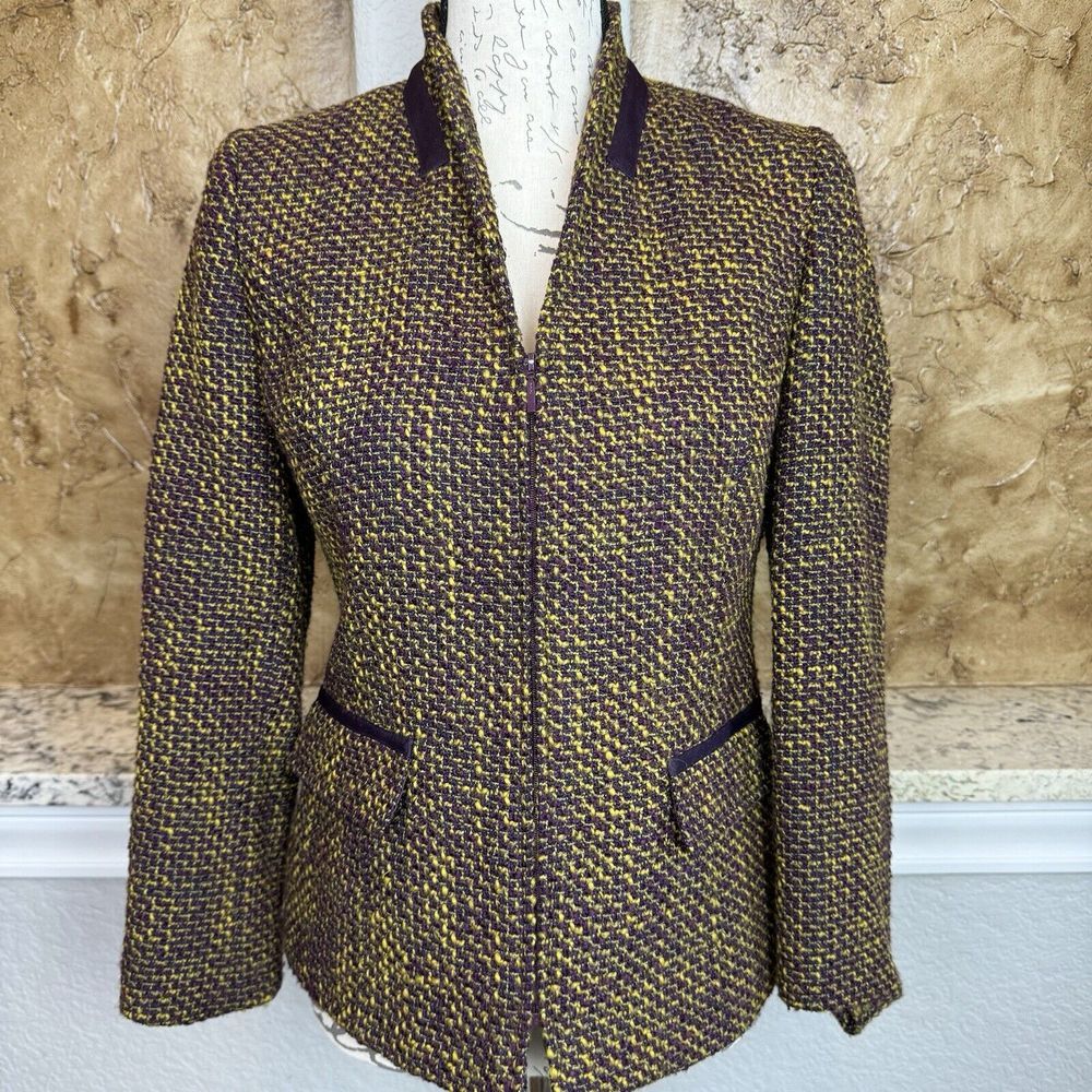 Pendleton Wool Blend Jacket Women's 4‎ Purple Yellow Tweed Zip Front Blazer EUC